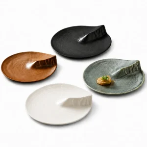 KJ083.. Organic shape ceramic serving plate with textured surface for restaurant tableware