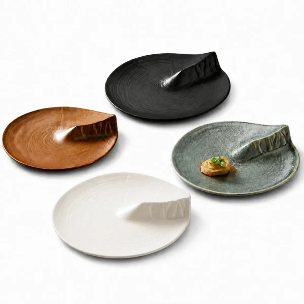 KJ083.. Organic shape ceramic serving plate with textured surface for restaurant tableware