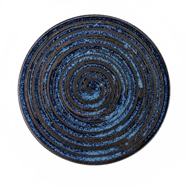 Textured round ceramic dinner plate with blue black glazed finish and spiral pattern