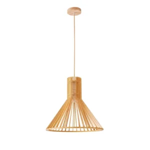 Wooden pendant light with handwoven basswood shade for restaurant lighting