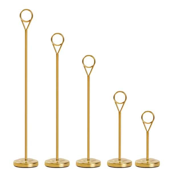 Gold stainless steel table number stand with round base and ring card holder