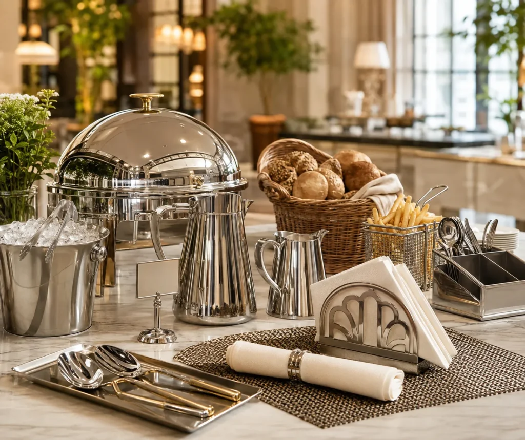 Commercial catering accessories including ice bucket, food dome cover, beverage pots, bread basket, napkin holder and serving utensils